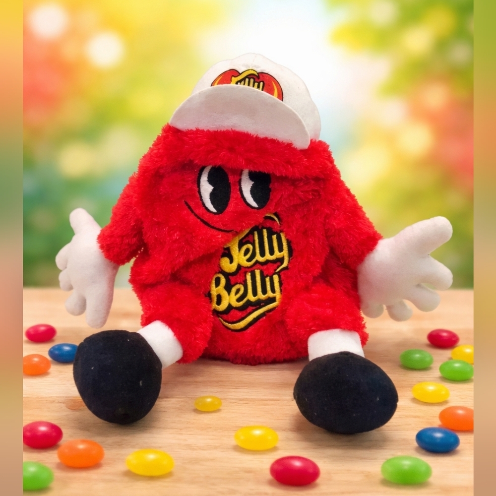 Original Gourmet Mr. Jelly Belly Chenille Bean Bag Plush Red White Hat Logo